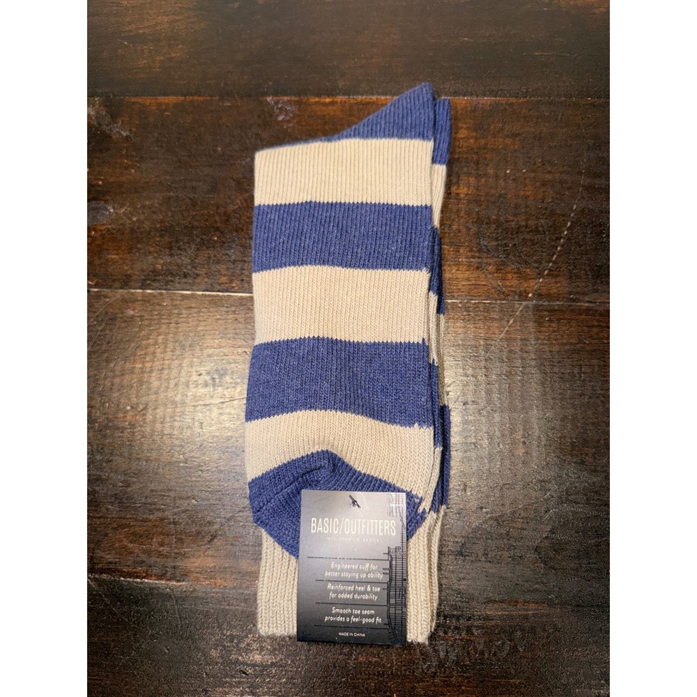 Basic Outfitters Mens Blue Beige Striped Crew‎ Socks NYC Premium Basics NWT